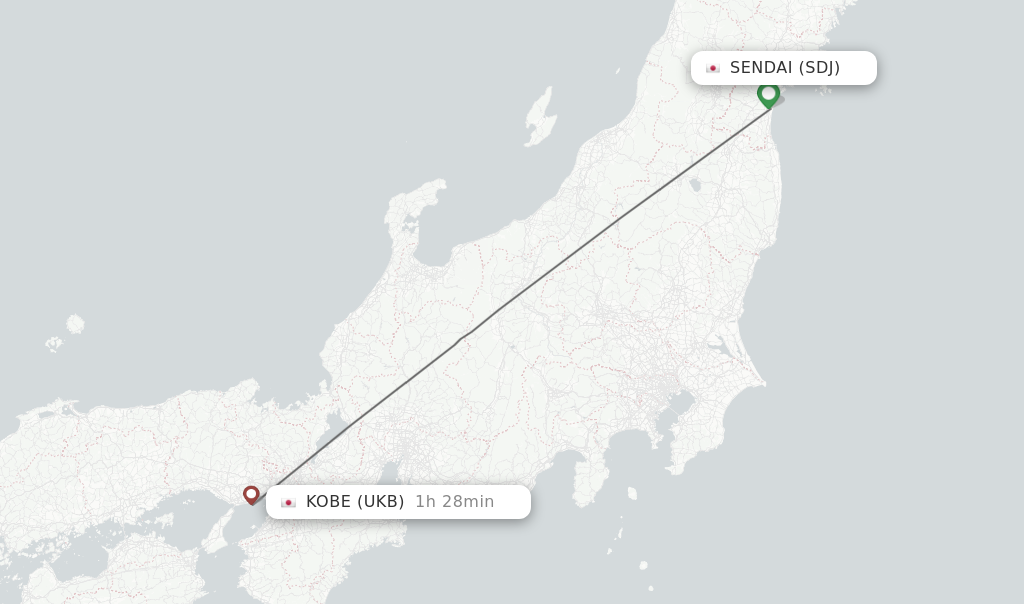 Flights from Sendai to Kobe route map
