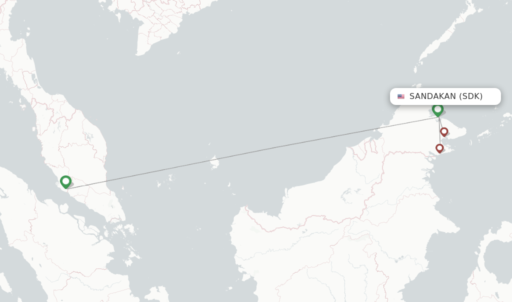 Route map with flights from Sandakan with Malaysia Airlines