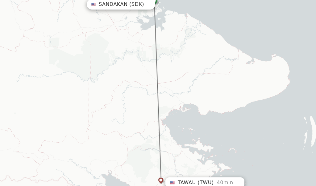 Flights from Sandakan to Tawau route map
