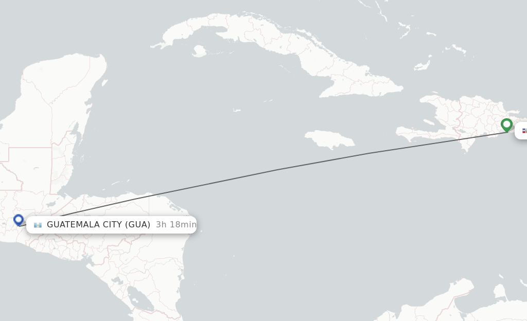 Flights from Santo Domingo to Guatemala City route map