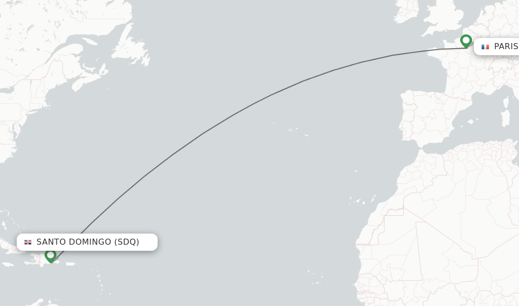 Flights from Paris to Santo Domingo route map