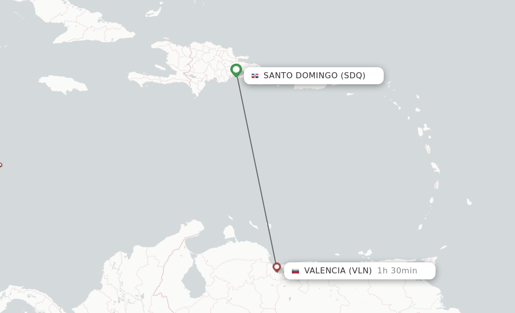 Flights from Santo Domingo to Valencia route map