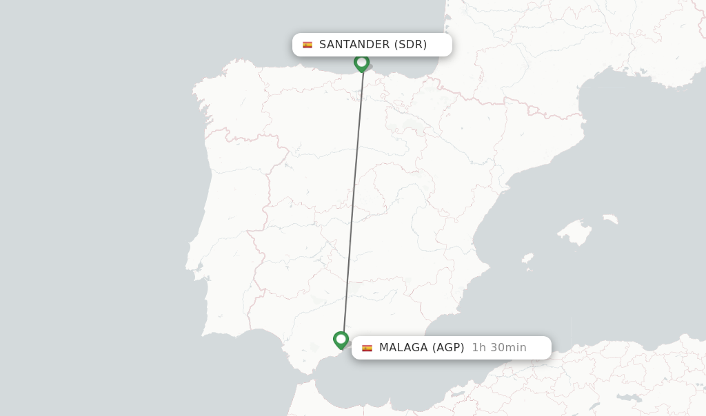 Flights from Santander to Malaga route map