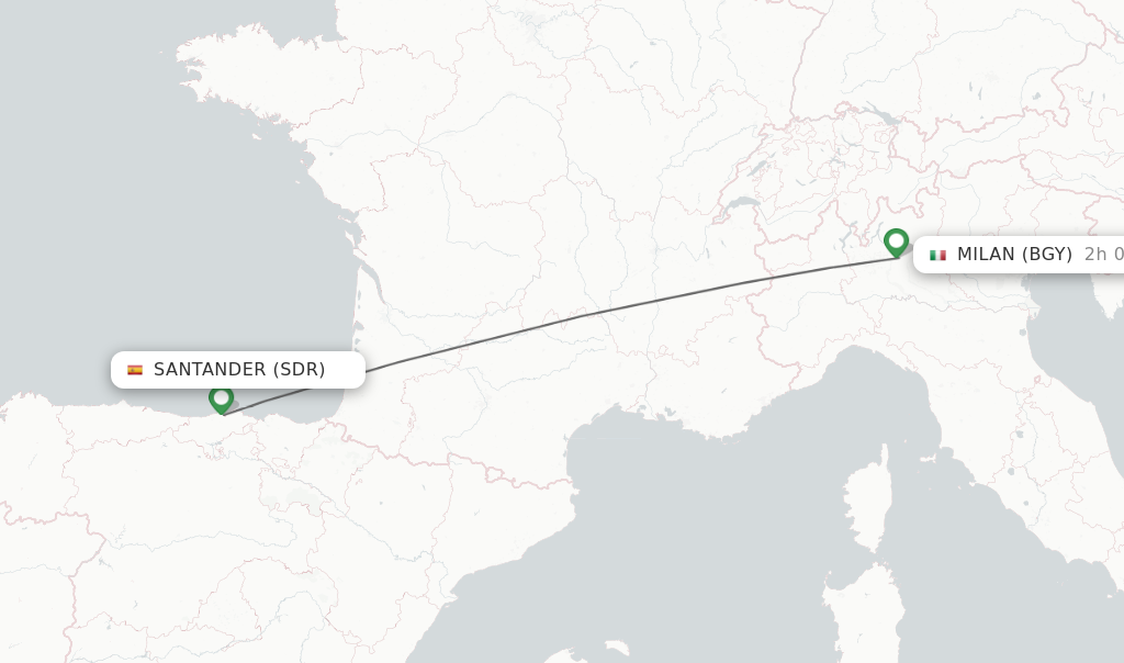 Flights from Santander to Milan route map