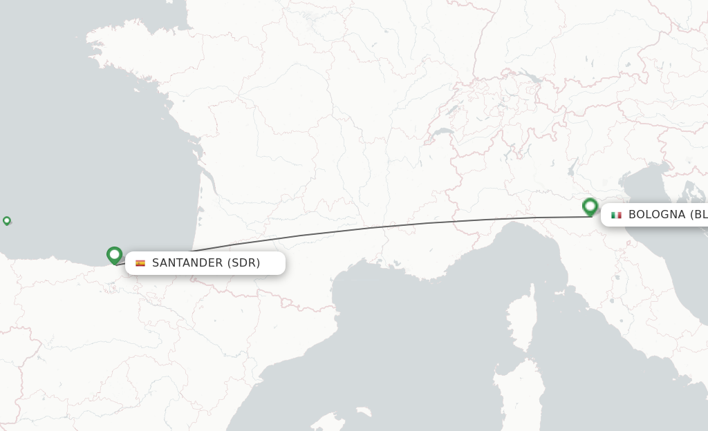 Flights from Santander to Bologna route map