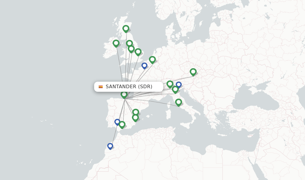 Route map with flights from Santander with Ryanair