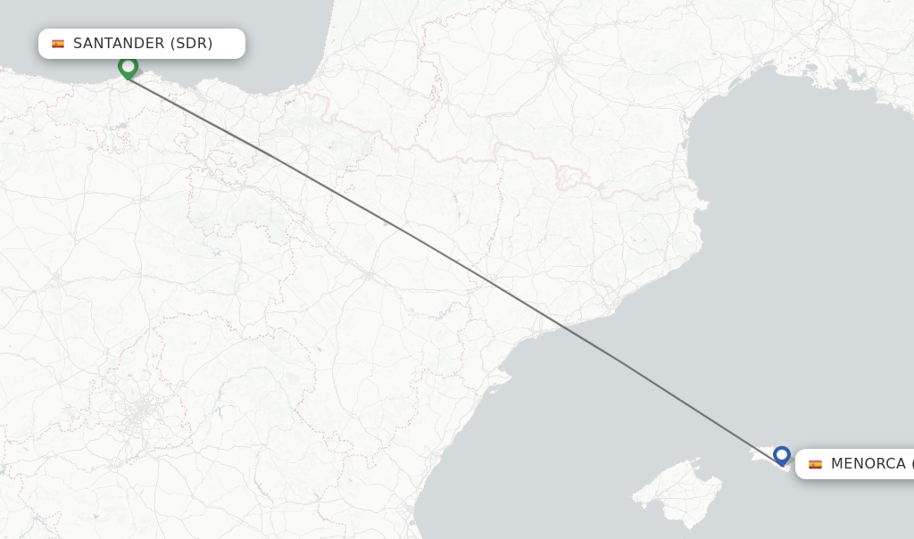 Flights from Santander to Menorca route map
