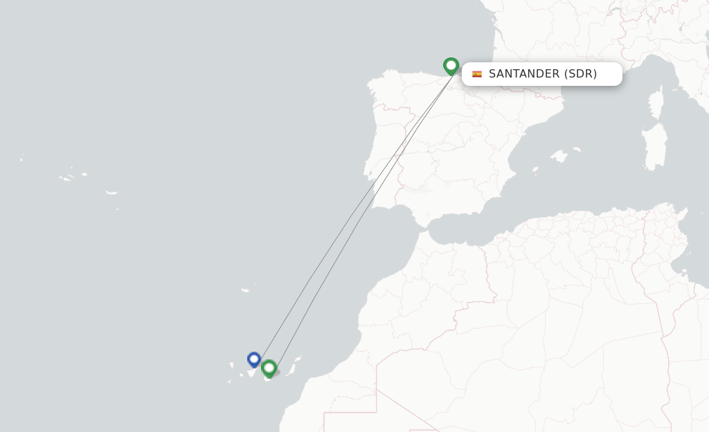 Route map with flights from Santander with Binter Canarias