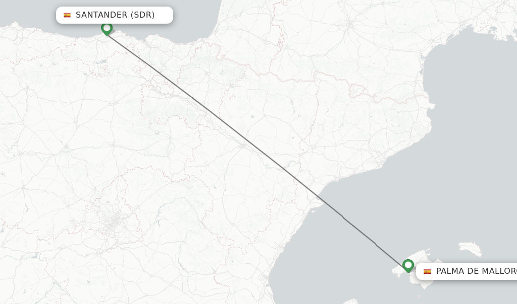 Flights from Santander to Palma de Mallorca route map