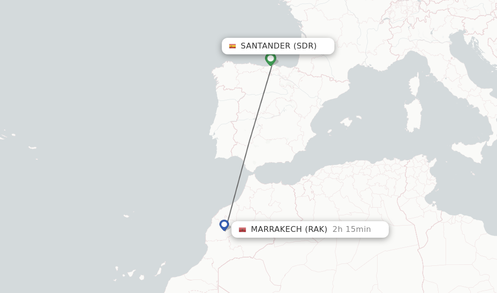 Flights from Santander to Marrakech route map