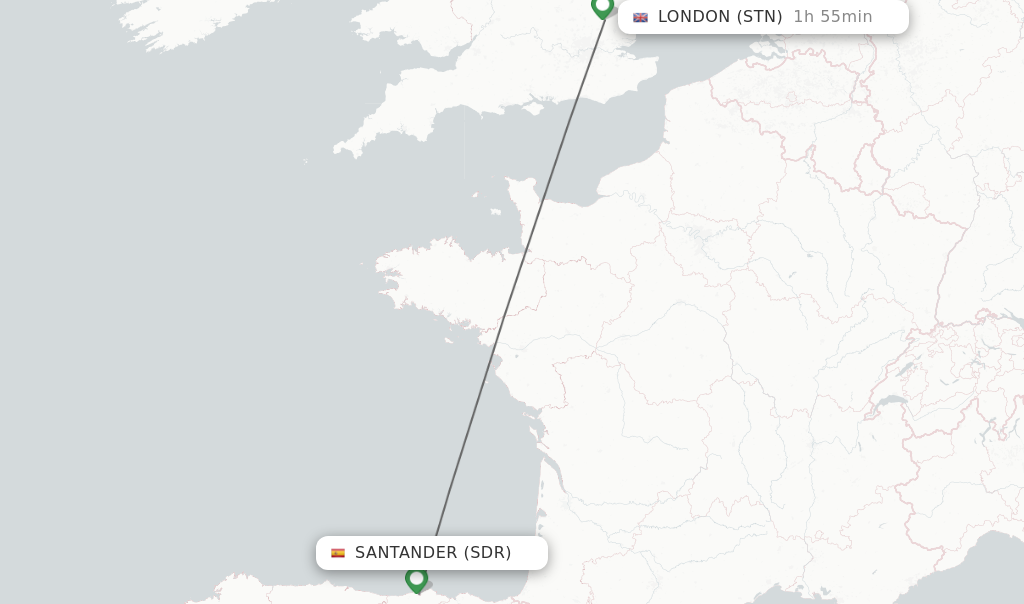 Flights from Santander to London route map