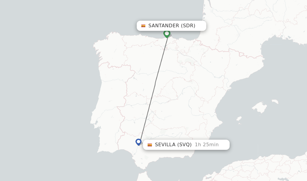 Flights from Santander to Sevilla route map