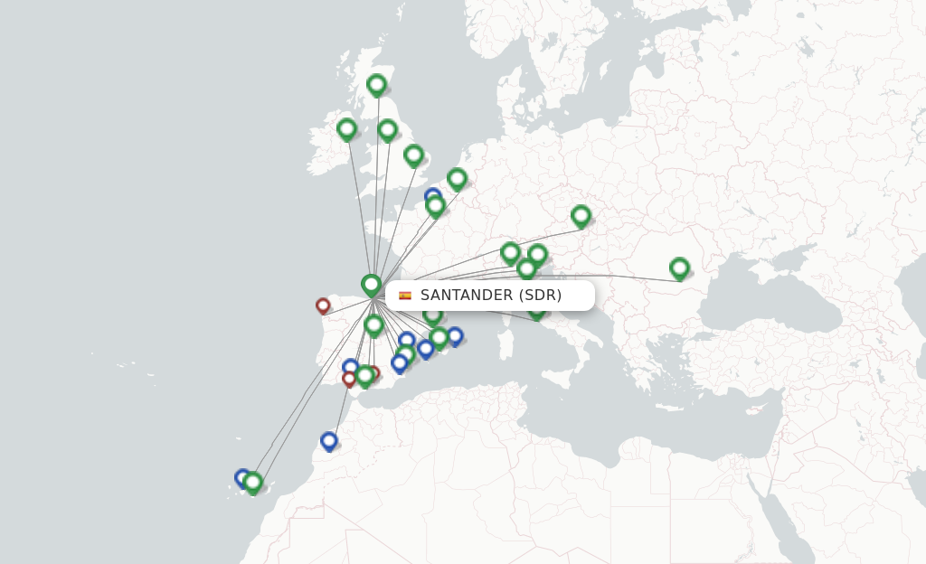 Flights from Santander to Granada route map