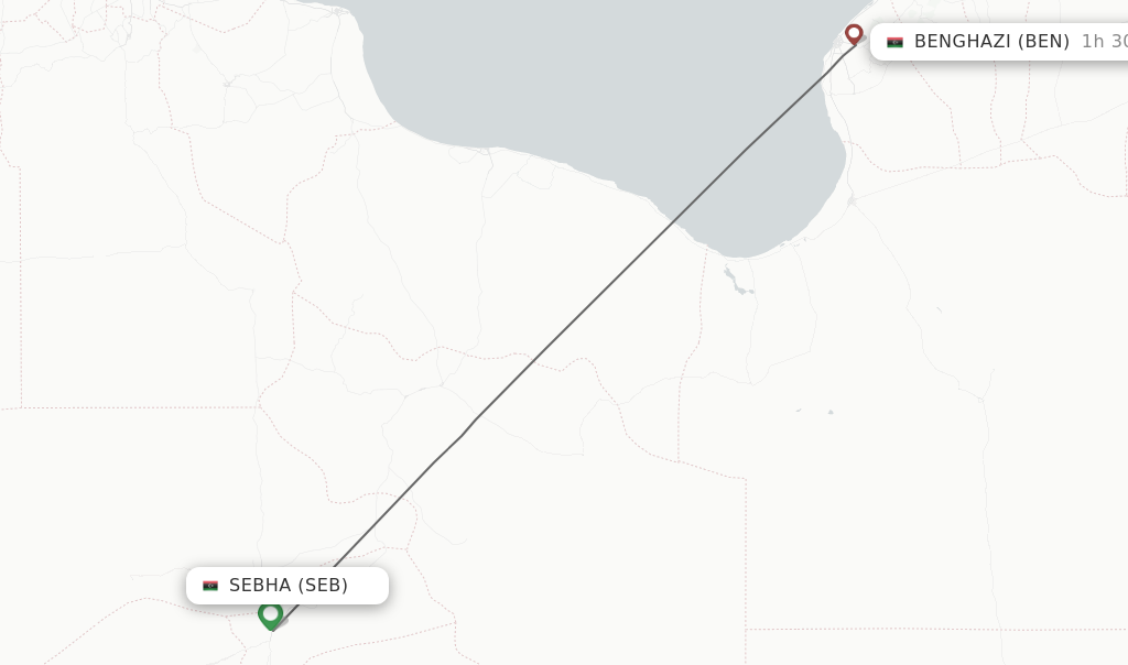 Flights from Sebha to Benghazi route map