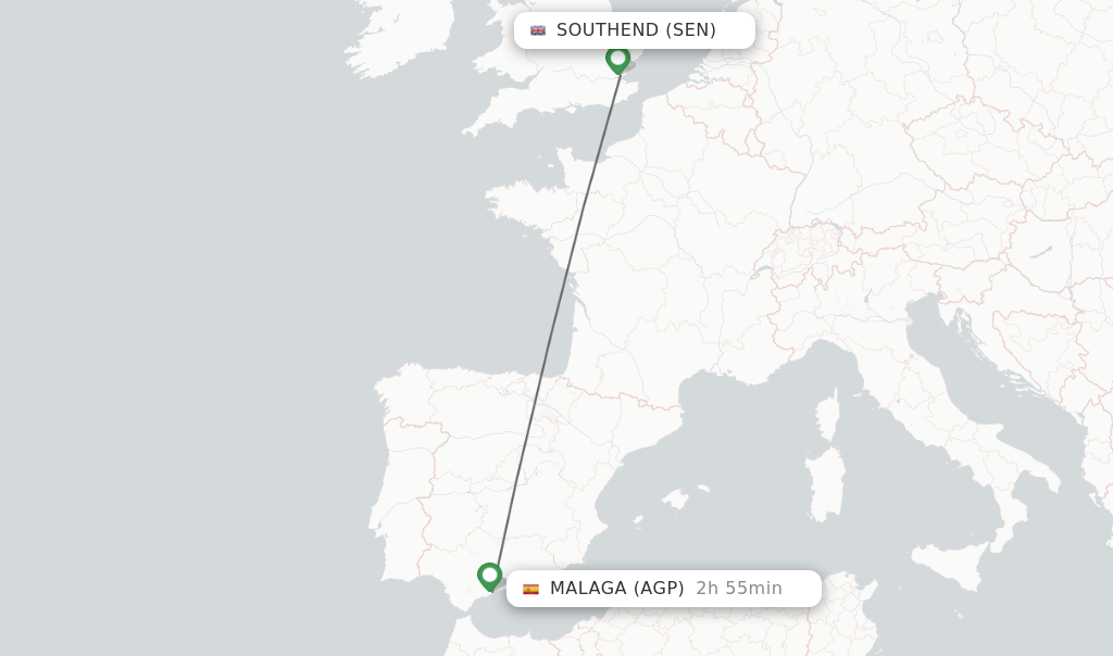 Flights from Southend to Malaga route map