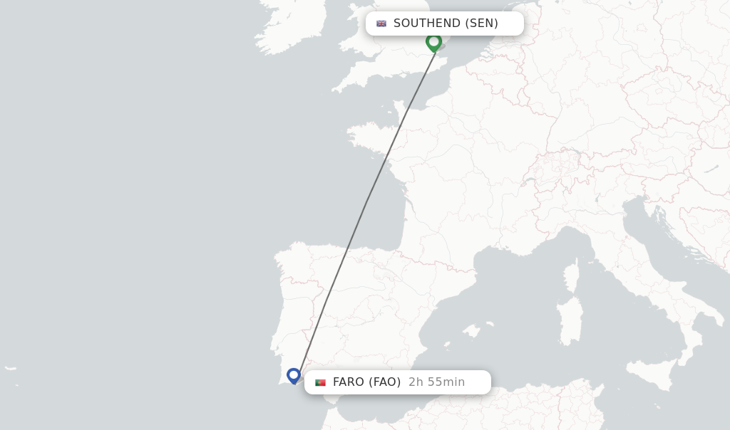 Flights from Southend to Faro route map
