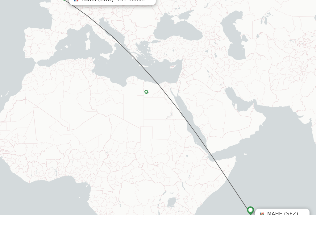 Flights from Mahe Island to Paris route map