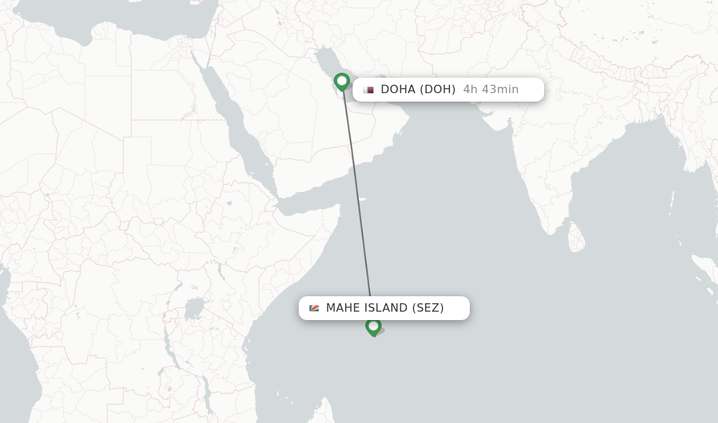 Flights from Mahe Island to Doha route map