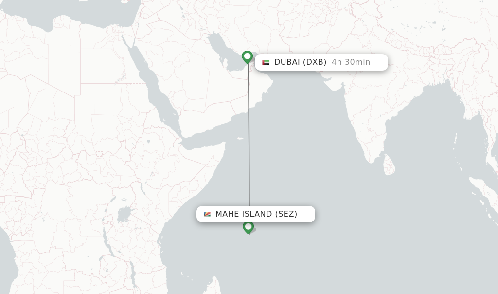 Flights from Mahe Island to Dubai route map