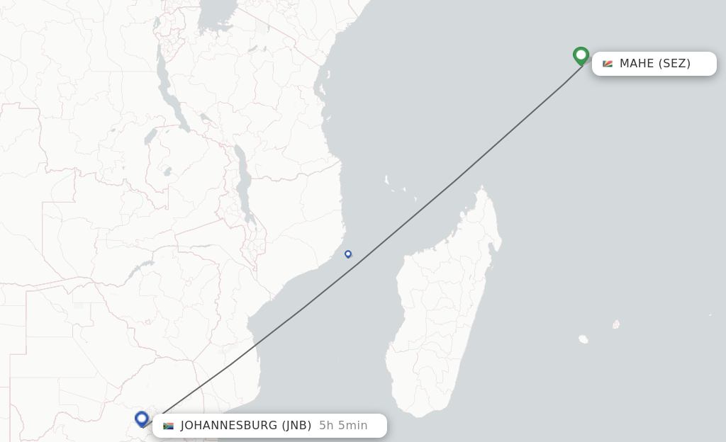 Flights from Mahe to Johannesburg route map