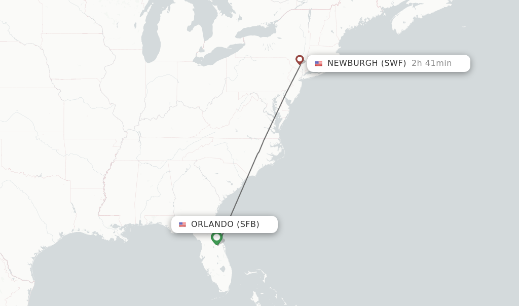 Flights from Orlando to Newburgh route map