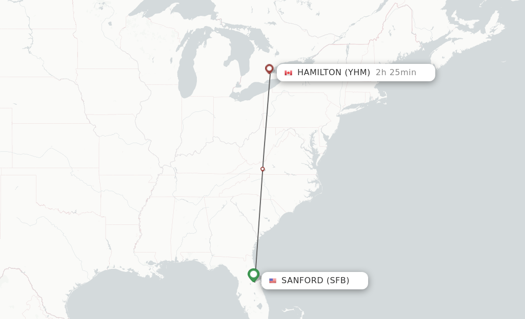 Flights from Orlando to Hamilton route map