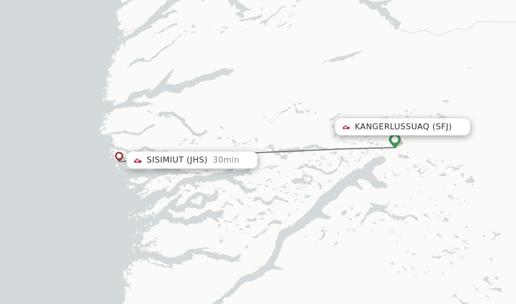 Flights from Kangerlussuaq to Sisimiut route map
