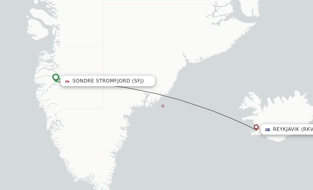 Flights from Kangerlussuaq to Reykjavik route map