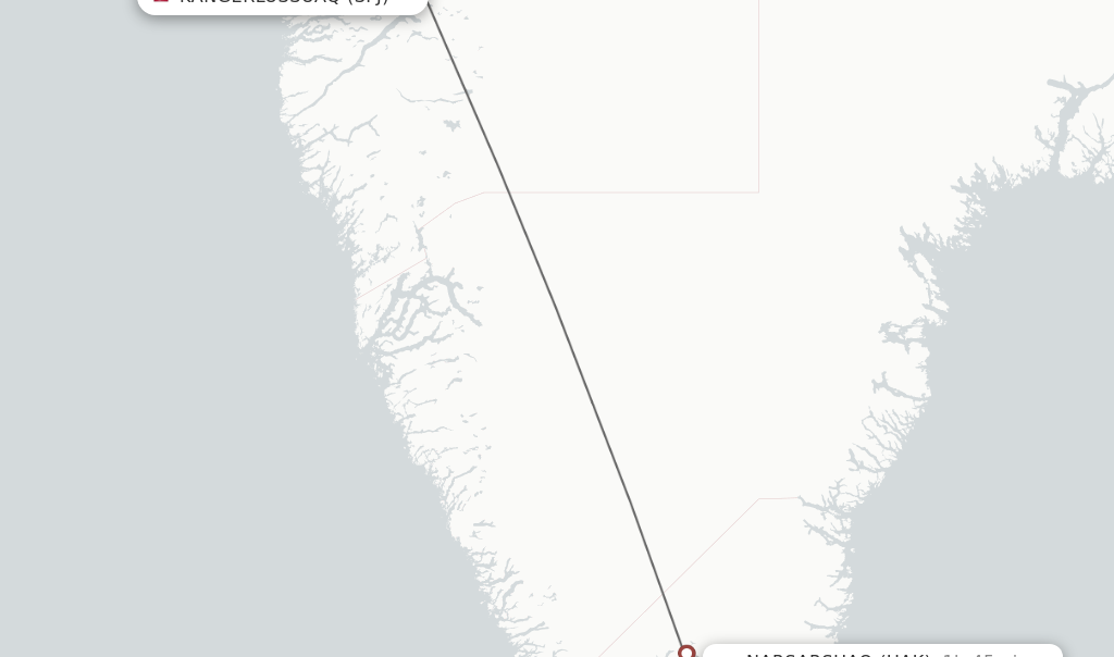 Flights from Kangerlussuaq to Narsarsuaq route map