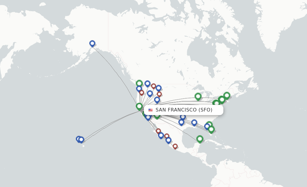 Route map with flights from San Francisco with Alaska Airlines