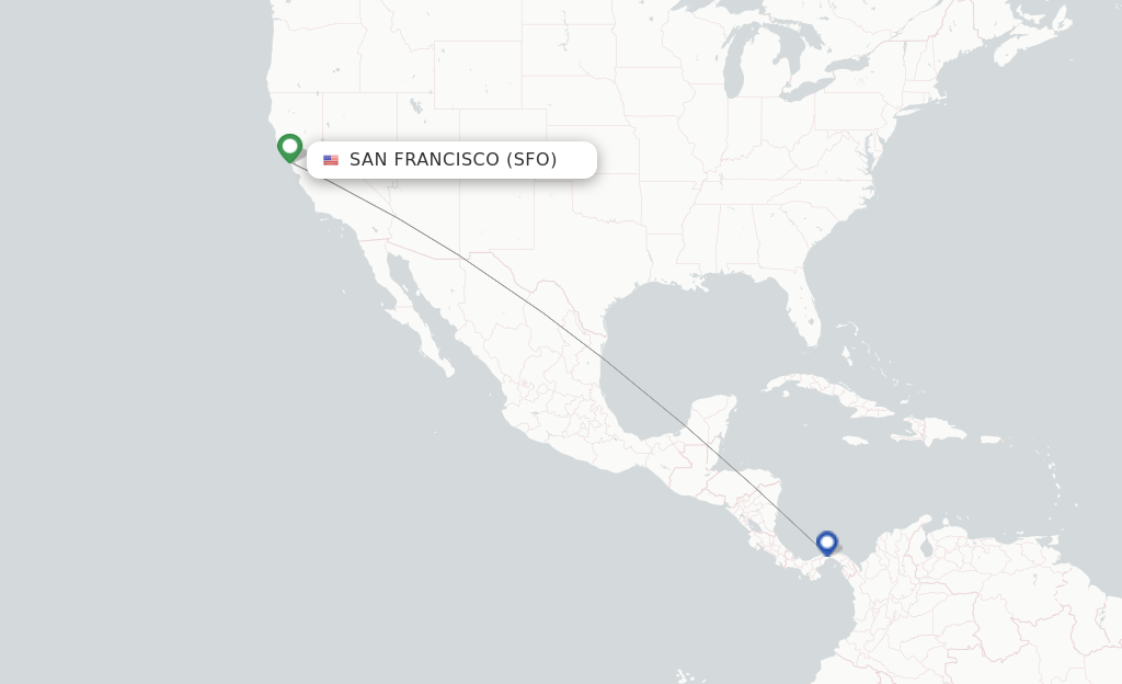 Route map with flights from San Francisco with Copa Airlines