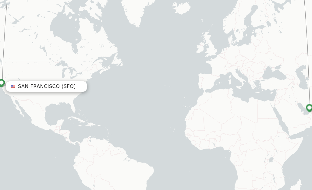 Route map with flights from San Francisco with Emirates