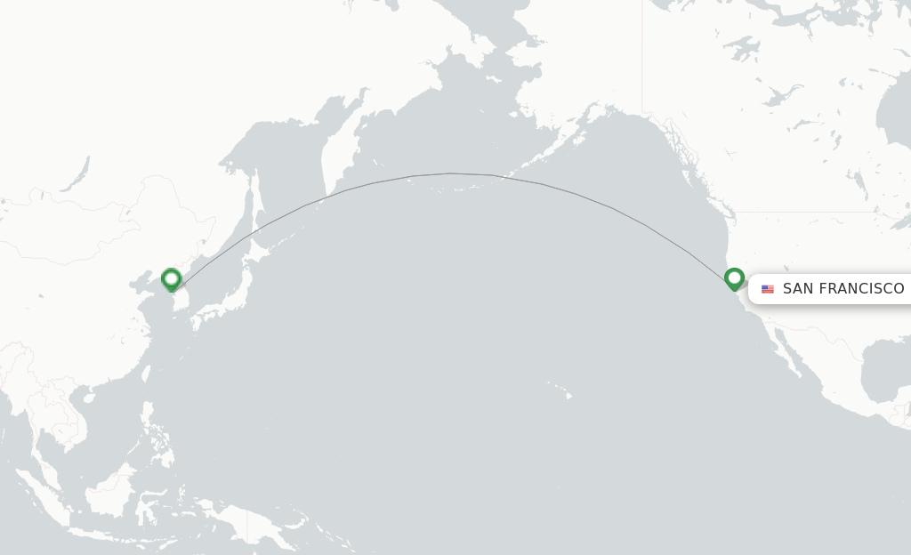 Route map with flights from San Francisco with Korean Air