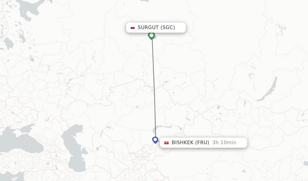Flights from Surgut to Bishkek route map