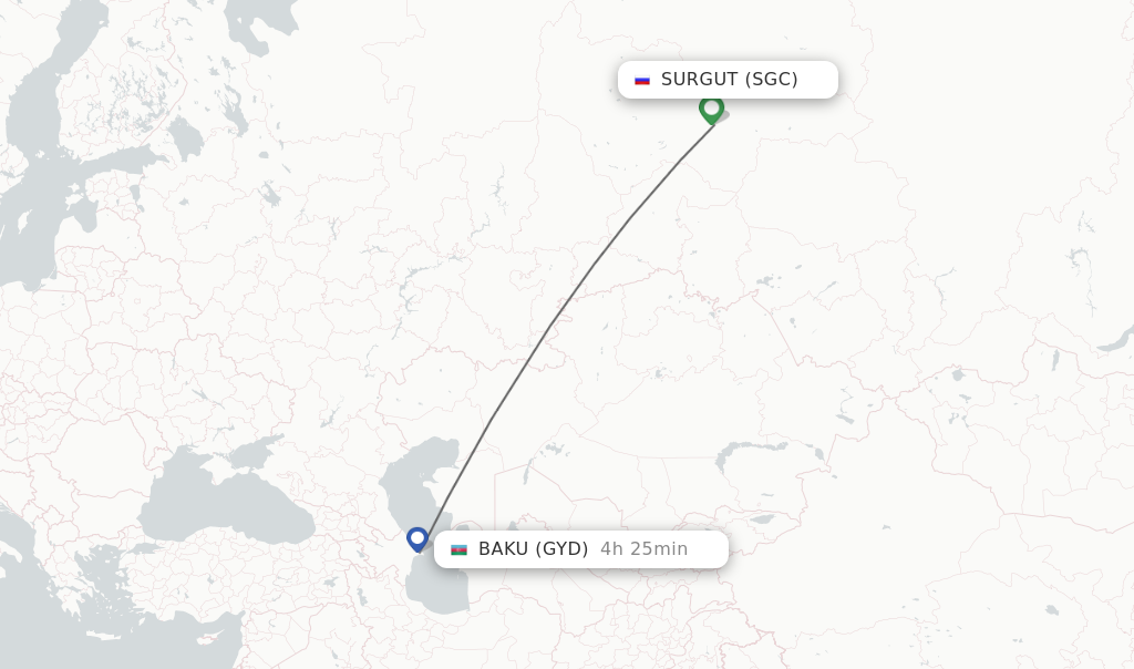Flights from Surgut to Baku route map