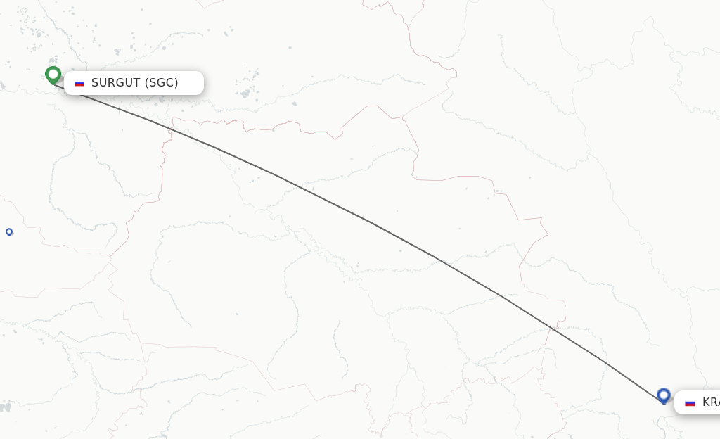 Flights from Surgut to Krasnojarsk route map