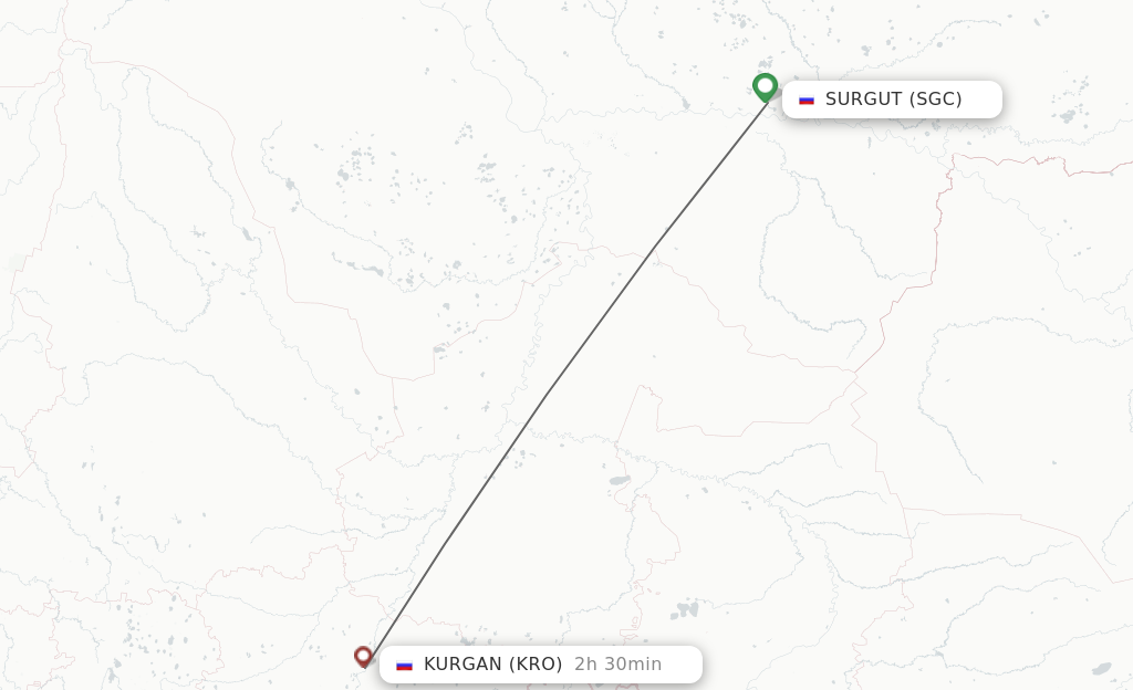 Flights from Surgut to Kurgan route map