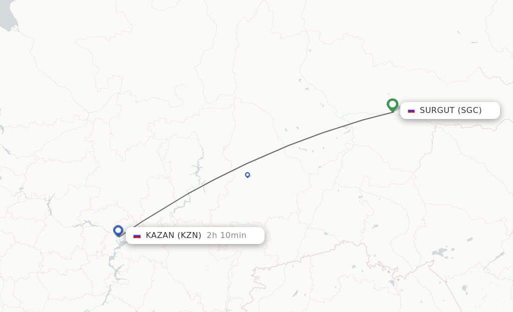Flights from Surgut to Kazan route map