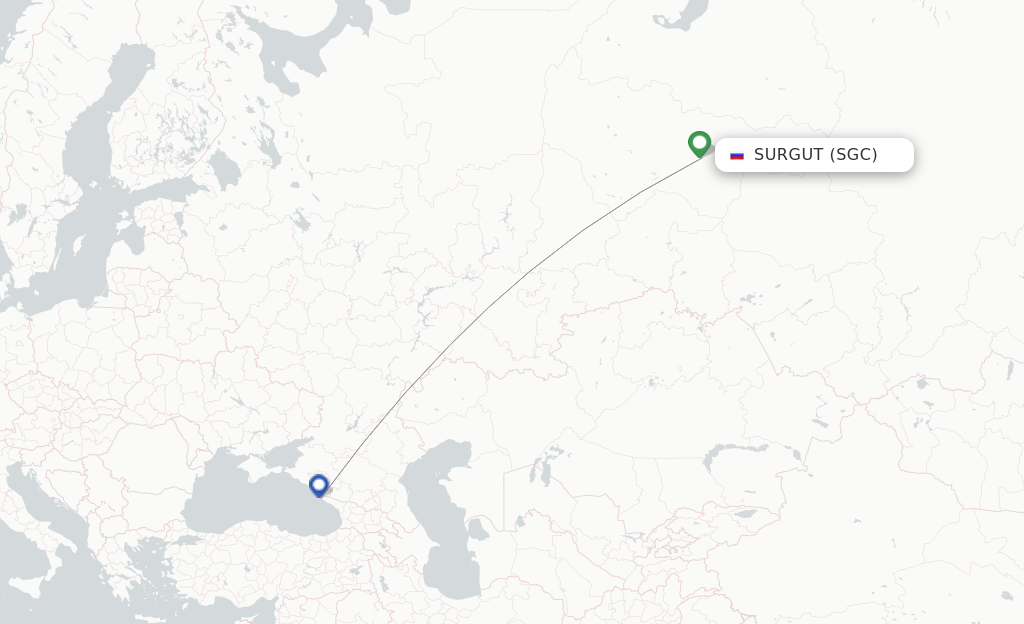 Route map with flights from Surgut with Nordwind Airlines