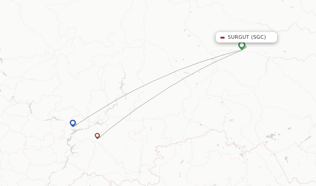 Route map with flights from Surgut with UVT Aero