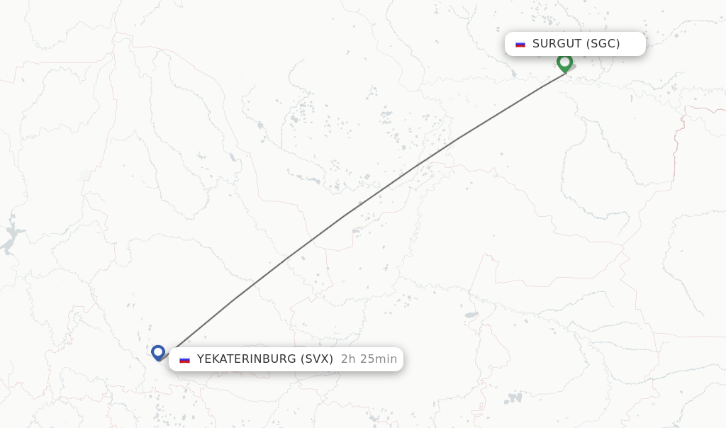 Flights from Surgut to Yekaterinburg route map