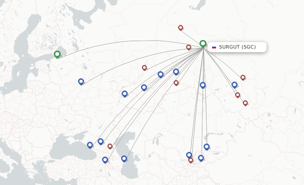 Route map with flights from Surgut with UTair