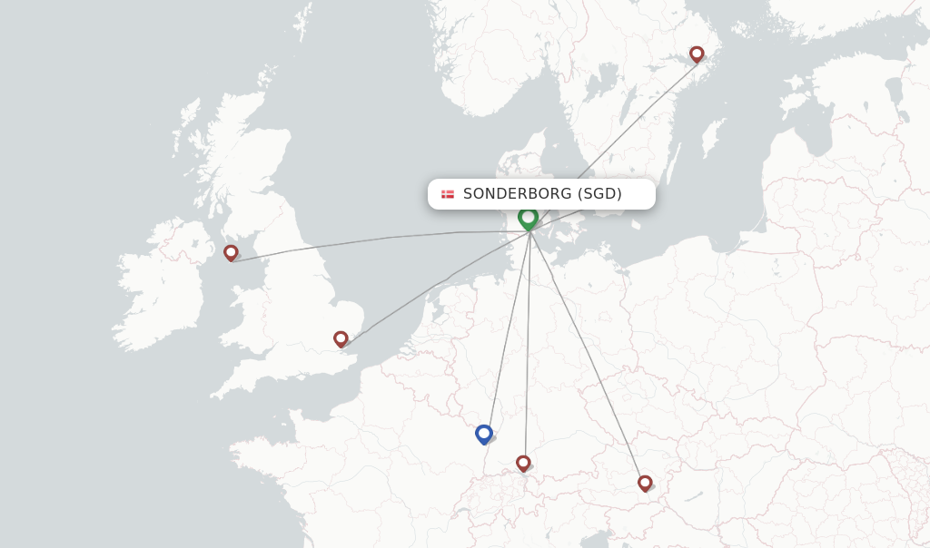 Route map with flights from Sonderborg with Air Alsie