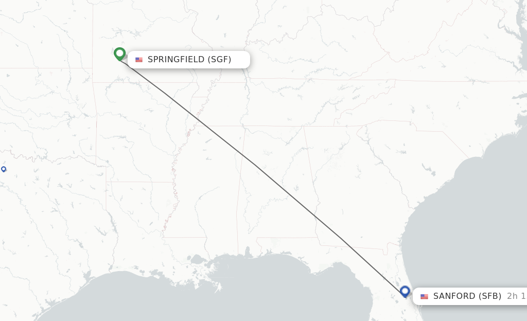 Flights from Springfield to Orlando route map