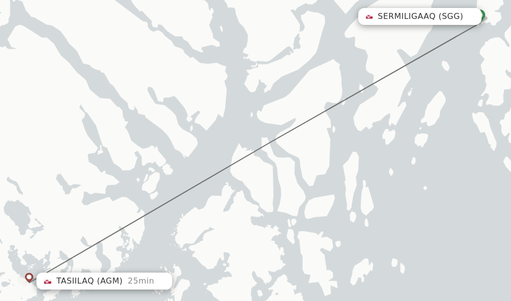 Flights from Sermiligaaq to Tasiilaq route map