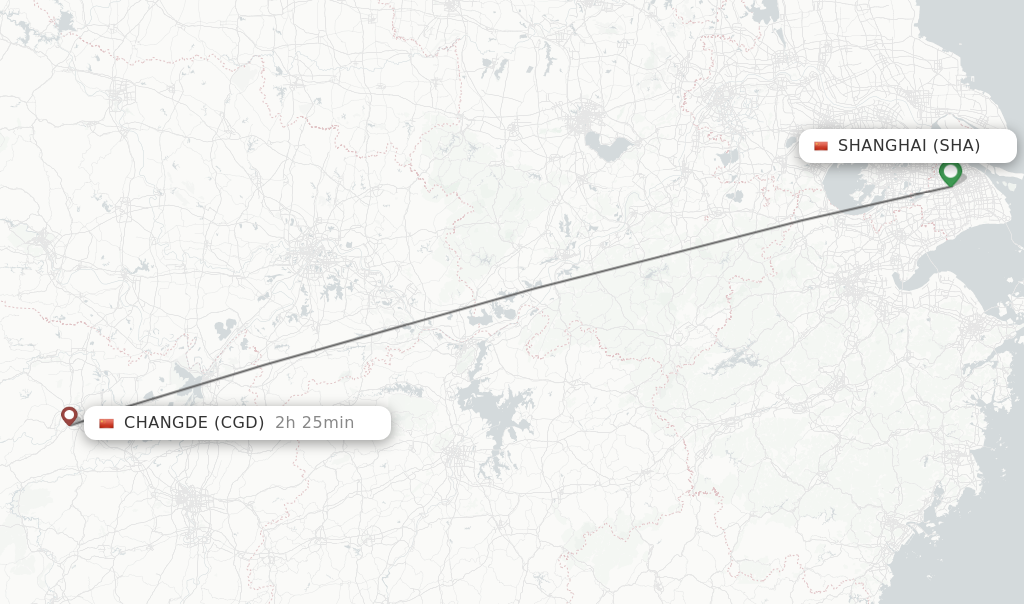 Flights from Shanghai to Changde route map