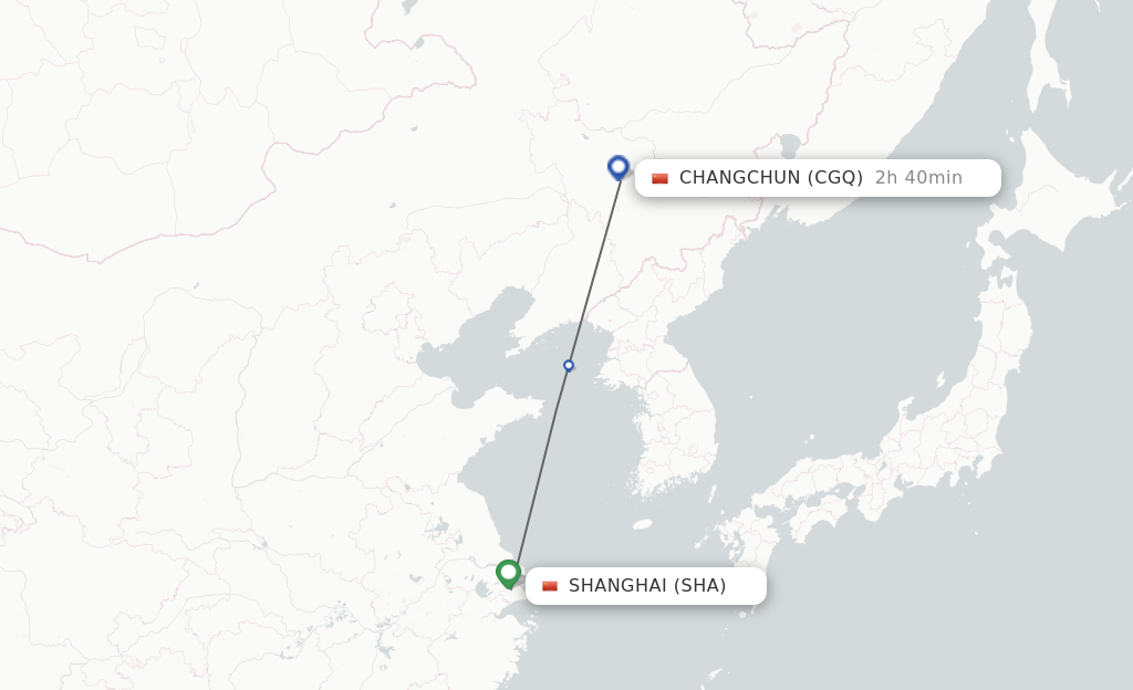 Flights from Shanghai to Changchun route map