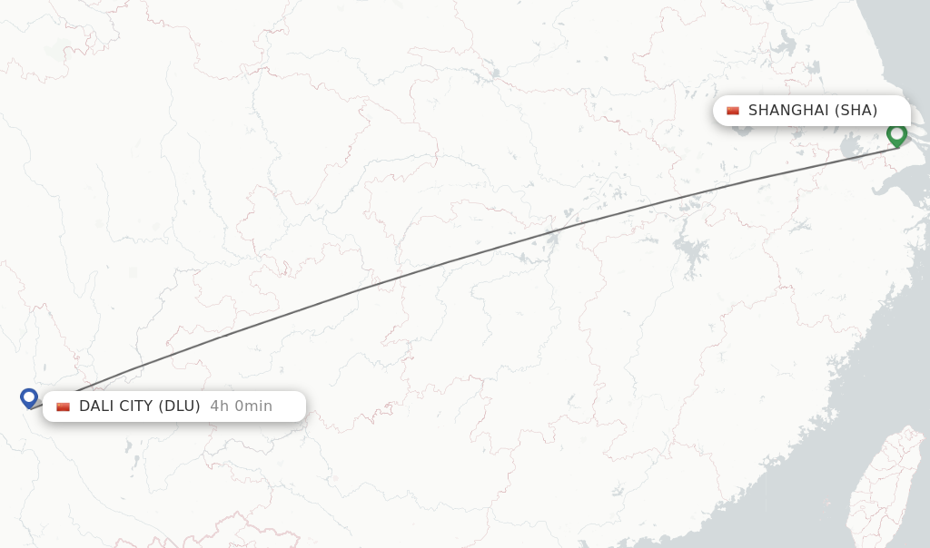 Flights from Shanghai to Dali City route map