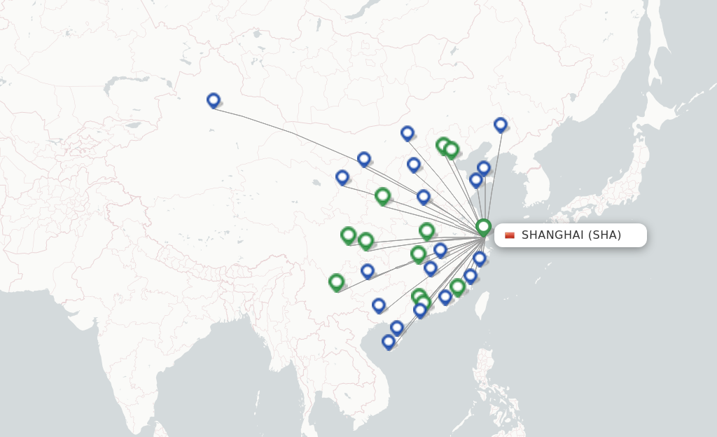 Route map with flights from Shanghai with Shanghai Airlines
