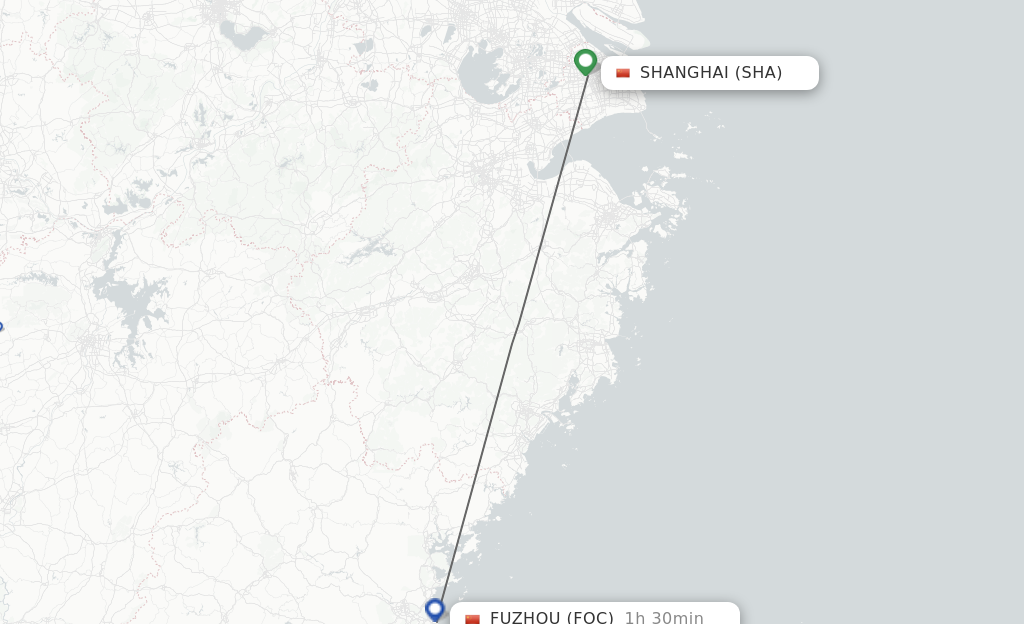Flights from Shanghai to Fuzhou route map